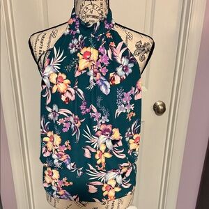 Express Floral Halter Top - Teal and Multicolor